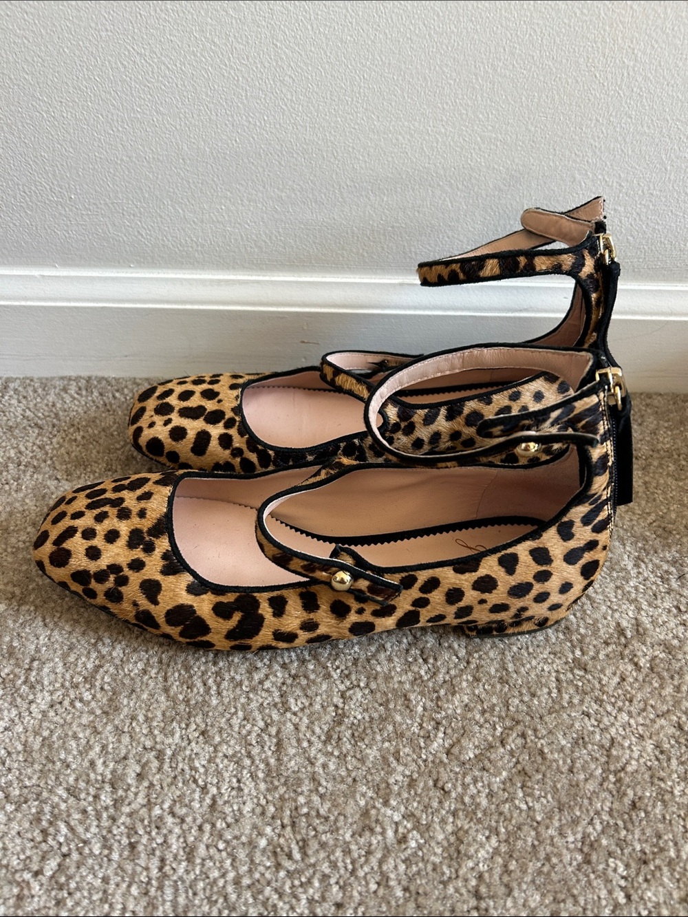 J. Crew Sally Straps Leopard Calf Hair Mary Jane Ballet Flats size 7